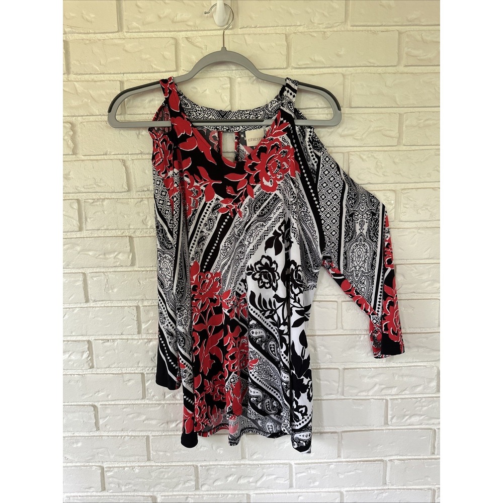 Chico's Top Size 2 Floral Print Multicolored Open Shoulder Blouse